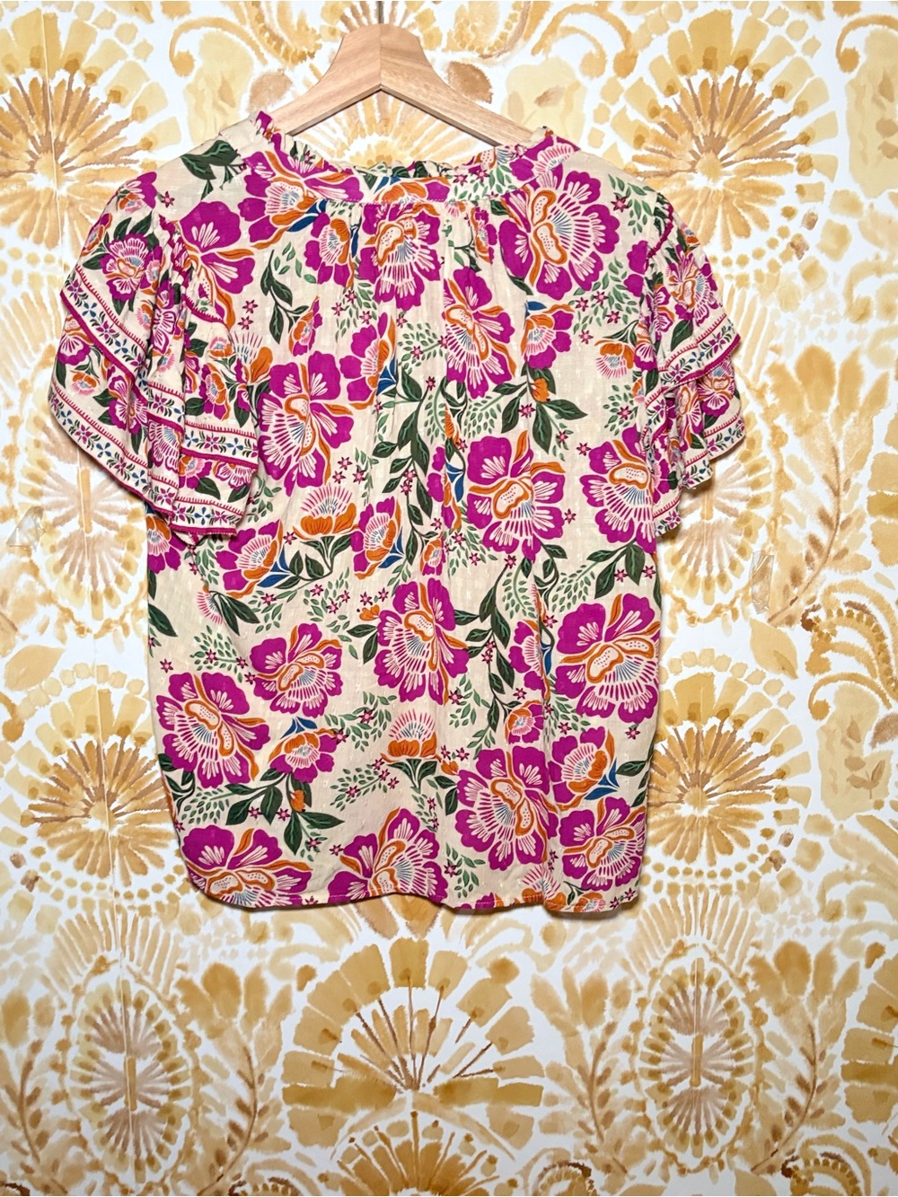Nicole Miller Floral Blouse Pink Orange Flutter Sleeve Top | Resort Boho Chic - Picture 6 of 11